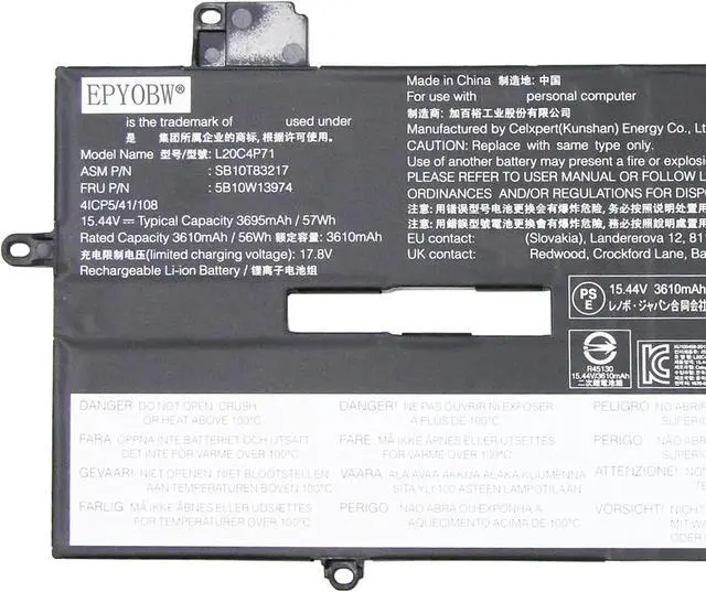 Alt view image 2 of 4 - L20C4P71 Laptop Battery 57Wh 4-Cell Compatible with Lenovo ThinkPad X1 Carbon 9th Gen 10th Gen 11th Gen/ThinkPad X1 Yoga 6th Gen 7th Gen 8th Gen Series L20M4P71 L20D4P71 L20L4P71