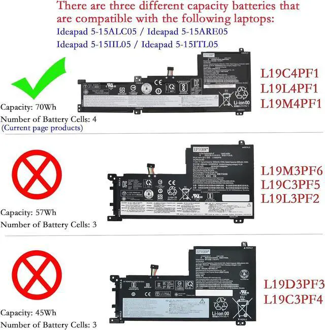 Alt view image 2 of 6 - L19C4PF1 Laptop Battery 70Wh 4-Cell Compatible with Lenovo Ideapad 5-15IIL05 5-15ARE05 5-15ITL05 5-15ALC05 Series L19M4PF1 L19L4PF1