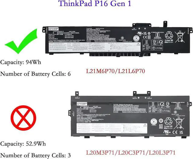 Alt view image 2 of 6 - L21M6P70 Laptop Battery 94Wh 8120mAh 6-Cell 11.52V Compatible with Lenovo ThinkPad P16 Gen 1 / ThinkPad P16 Gen 2 Series L21L6P70