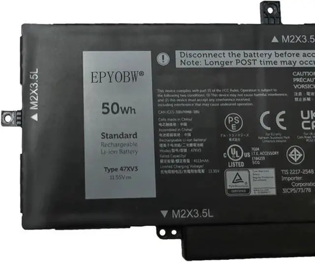 Alt view image 2 of 2 - 47XV3 Laptop Battery 50Wh 4113mAh 3-Cell 11.55V Compatible with Dell Latitude 9330 Series 5Y3T9 31CP5/73/78