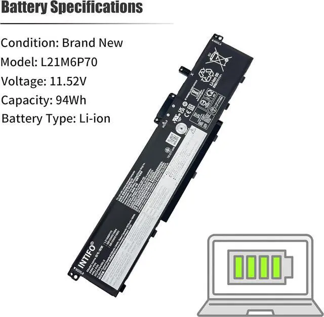 Alt view image 3 of 7 - 94Wh L21M6P70 Laptop Battery Compatible with Lenovo ThinkPad P16 Gen 1 Gen 2 Series Notebook L21L6P70 SB10W51995 5B10W51894 SB10W51994 5B10W51893 [11.52V 8120mAh 6-Cell]