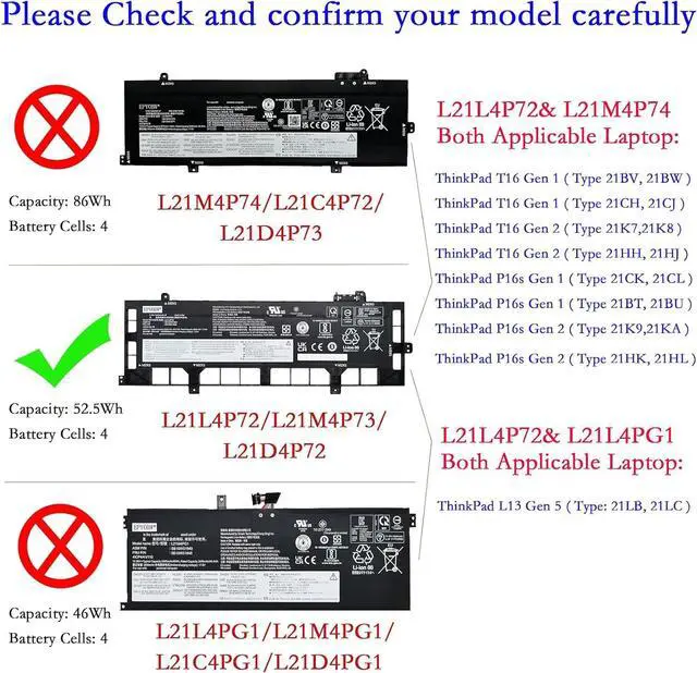Alt view image 2 of 6 - L21L4P72 Laptop Battery 52.5Wh 3400mAh 15.48V Compatible with Lenovo ThinkPad P16s Gen 1 Gen 2 / T16 Gen 1 Gen 2 / L13 Gen 5 Series L21D4P72 L21M4P73 L21M4P74 L21C4P72 L21D4P73