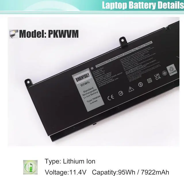 Alt view image 2 of 5 - PKWVM Battery Replacement for Dell Precision 7550 7750 7560 7760 Series Laptop C903V 0CR72X CR72X 068N03 0447VR 11.4V 95Wh 7922mAh 6-Cells