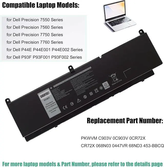 Alt view image 3 of 5 - PKWVM Battery Replacement for Dell Precision 7550 7750 7560 7760 Series Laptop C903V 0CR72X CR72X 068N03 0447VR 11.4V 95Wh 7922mAh 6-Cells