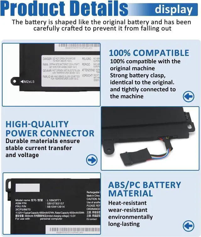 Alt view image 3 of 6 - L18M3P71 L18L3P71 Battery Replacement for Replacement for Lenovo ThinkPad T590 P53S ThinkPad T15 P15s 1st Gen Series Y530-15ICH-1060 Y540-15IRH 57Wh 4950mAh