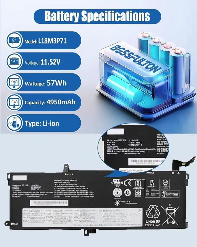 Alt view image 2 of 6 - L18M3P71 L18L3P71 Battery Replacement for Replacement for Lenovo ThinkPad T590 P53S ThinkPad T15 P15s 1st Gen Series Y530-15ICH-1060 Y540-15IRH 57Wh 4950mAh