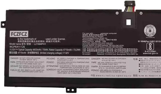 Alt view image 2 of 4 - L21M4PH1 Battery 75Wh 4833mAh Replacement for Lenovo Yoga Slim 9-14IAP7 / Slim 9-14IAP7 Series SB11F35902 5B11F35906 L21B4PH1 SB11F35904 5B11F35905 L21C4PH1 SB11F35901 5B11F35903 15.44V 4-Cell