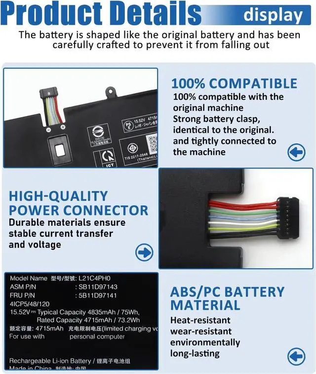 Alt view image 3 of 6 - 75Wh L21C4PH0 L21B4PH0 Battery Replacement for Lenovo IdeaPad Yoga 9-14IAP7 Type 82LU/ Yoga 9-14IRP8 Type 83B1 Series Notebook L21D4PH0 SB11D97143 SB11D97136 15.52V 4835mAh