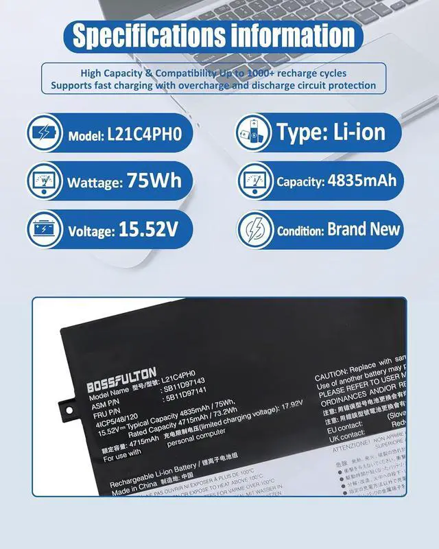 Alt view image 2 of 6 - 75Wh L21C4PH0 L21B4PH0 Battery Replacement for Lenovo IdeaPad Yoga 9-14IAP7 Type 82LU/ Yoga 9-14IRP8 Type 83B1 Series Notebook L21D4PH0 SB11D97143 SB11D97136 15.52V 4835mAh