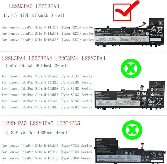 Alt view image 2 of 6 - L22M3PA3 Battery 47Wh 4156mAh Replacement for Lenovo IdeaPad Slim 5-14IRL8 Slim 5-14ABR8 Slim 5-16ABR8 Series SB11K39363 SB11N45424 L22C3PA3 L22C3PA4 L22L3PA4 L22M3PA4 L22B3PA4 11.31V 3-Cell