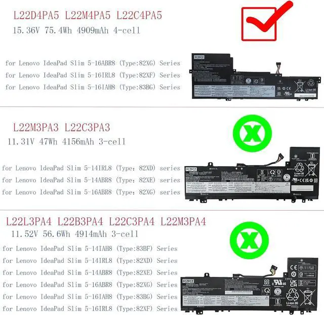 Alt view image 2 of 6 - L22D4PA5 Battery 75.4Wh 4909mAh Replacement for Lenovo IdeaPad Slim 5-16IRL8 5-16ABR8 5-16IAH8 Series SB11K39365 SB11N45407 L22M4PA5 L22C4PA5 L22C4PA5 SB11K39357 15.36V 4-Cell