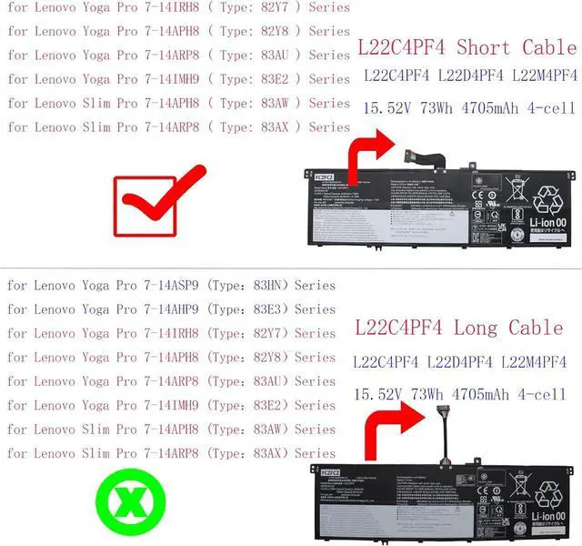 Alt view image 2 of 5 - L22C4PF4-Short Cable Battery 73Wh 4705mAh Replacement for Lenovo Yoga Pro 7-14IRH8 7-14APH8 7-14ARP8 7-14IMH9 / Slim Pro 7-14APH8 7-14ARP8 Series SB11K24758 5B11K24754 L22D4PF4 L22M4PF4 15.52V