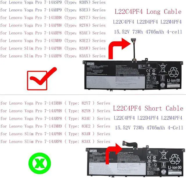 Alt view image 2 of 5 - L22C4PF4 Long Cable Battery 73Wh 4705mAh Replacement for Lenovo Yoga Pro 7-14APH8 7-14IRH8 7-14AHP9 7-14IMH9 / Slim Pro 7-14APH8 7-14ARP8 Series SB11N45331 5B11N45337 L22D4PF4 L22M4PF4 15.52V