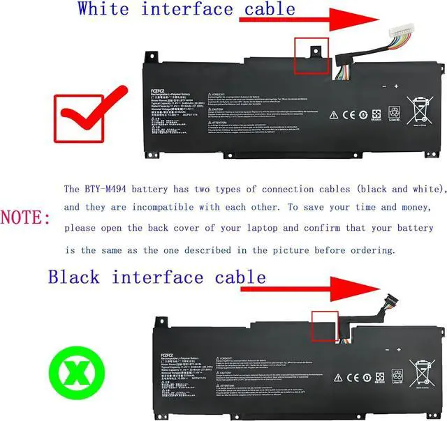 Alt view image 2 of 6 - BTY-M494White Interface Cable Battery 39.3Wh 3448mAh Replacement for Msi Modern 14 C7M 044XES 091 092 / C7MG / C11M / C12M / C12MO 1066 1206 Series 31CP5/71/74 11.4V