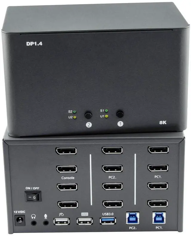 Main image of KVM Switch 4 Monitors 2 Computers, 8k Displayport Switch with USB 3.0, Jack, 4 Computers Share a Set of Keyboard, Mouse, Support Windows/Mac/Linux (Quad Monitor)