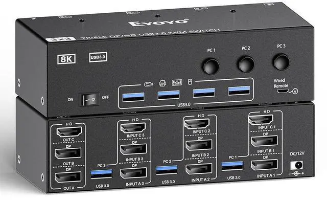 Main image of 2 Displayport HDMI KVM Switch 3 Monitors 3 Computer, 8K@60Hz 4K@144Hz Triple Monitor KVM Switch for 3 PC Sharing 3 Screens, 4 USB 3.0 Ports Wired Remote Control & Power Adapter Included
