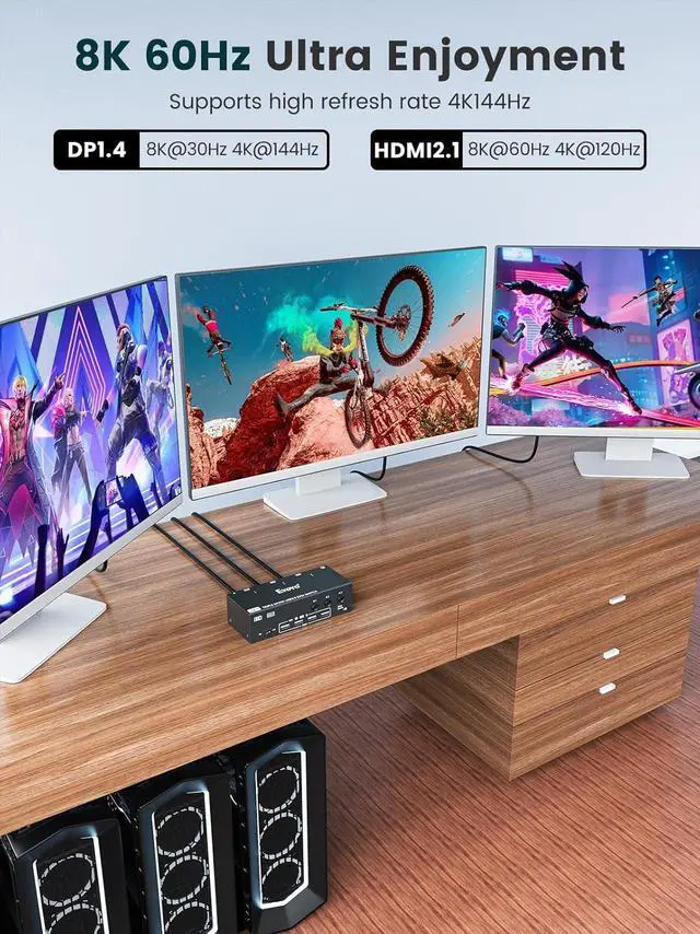 Alt view image 3 of 7 - 2 Displayport HDMI KVM Switch 3 Monitors 3 Computer, 8K@60Hz 4K@144Hz Triple Monitor KVM Switch for 3 PC Sharing 3 Screens, 4 USB 3.0 Ports Wired Remote Control & Power Adapter Included