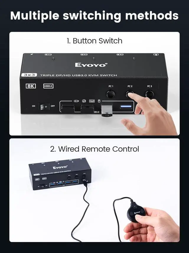 Alt view image 6 of 7 - 2 Displayport HDMI KVM Switch 3 Monitors 3 Computer, 8K@60Hz 4K@144Hz Triple Monitor KVM Switch for 3 PC Sharing 3 Screens, 4 USB 3.0 Ports Wired Remote Control & Power Adapter Included