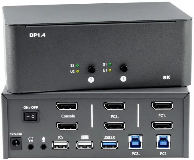 Main image of KVM Switch 2 Monitors 2 Computers, 8k Displayport Switch with USB 3.0, Jack, 2 Computers Share a Set of Keyboard, Mouse, Support Windows/Mac/Linux (Dual Monitor)