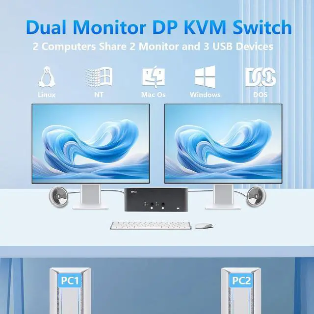 Alt view image 6 of 7 - KVM Switch 2 Monitors 2 Computers, 8k Displayport Switch with USB 3.0 Cable, Jack, 2 Computers Share a Set of Keyboard, Mouse, Support Windows/Mac/Linux (Dual Monitor)