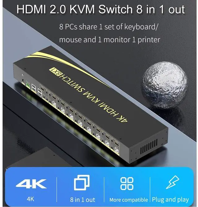 Alt view image 2 of 6 - eKL KVM Switch, 8 Port v2.0 HDMI KVM Switch Supports Hotkeys Swapping 4K@60Hz 4:4:4 1080p 3D, 8 in 1 Out 8 PCs Sharing with One Set of Keyboard and Mouse