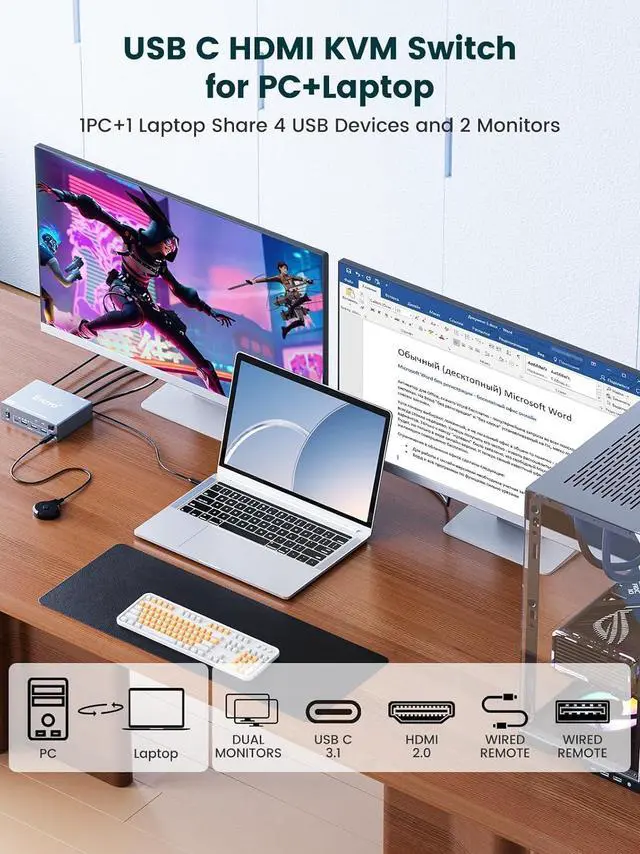 Alt view image 2 of 7 - KVM Switch 2 Monitor for 1 Laptop & 1 Desktop: Dual Monitor (4K@60Hz), USB-C & HDMI, Docking Station w/ 4 USB 3.0 Ports, 80W PD Charging, Remote & USB-C Cable
