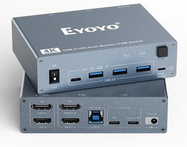 Main image of KVM Switch 2 Monitor for 1 Laptop & 1 Desktop: Dual Monitor (4K@60Hz), USB-C & HDMI, Docking Station w/ 4 USB 3.0 Ports, 80W PD Charging, Remote & USB-C Cable