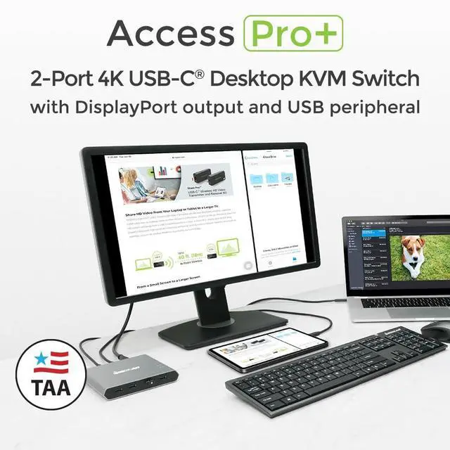 Alt view image 2 of 7 - IOGEAR Access Pro Plus 2-Port USB-C KVM Switch 1 Monitor 2 Computers 4K 60Hz DisplayPort Output 4-Port USB Hub 100W Power Thunderbolt 3/4 Compatible Remote Switch  GCS1602CC