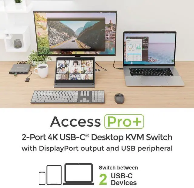 Alt view image 6 of 7 - IOGEAR Access Pro Plus 2-Port USB-C KVM Switch 1 Monitor 2 Computers 4K 60Hz DisplayPort Output 4-Port USB Hub 100W Power Thunderbolt 3/4 Compatible Remote Switch  GCS1602CC