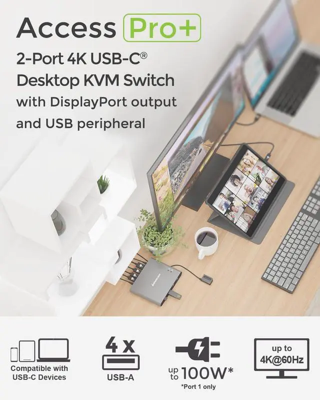 Alt view image 7 of 7 - IOGEAR Access Pro Plus 2-Port USB-C KVM Switch 1 Monitor 2 Computers 4K 60Hz DisplayPort Output 4-Port USB Hub 100W Power Thunderbolt 3/4 Compatible Remote Switch  GCS1602CC
