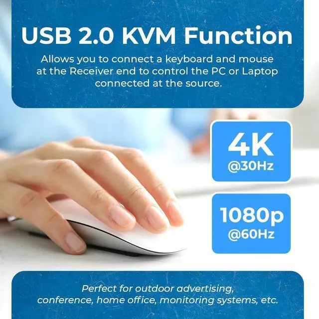 Alt view image 7 of 7 - OREI KVM 4K HDMI Extender Balun Over Single CAT6/7 Ethernet Cable 4K,30Hz Upto 130 Feet - 2 USB 1.1 Ports, Supports Keyboard and Mouse