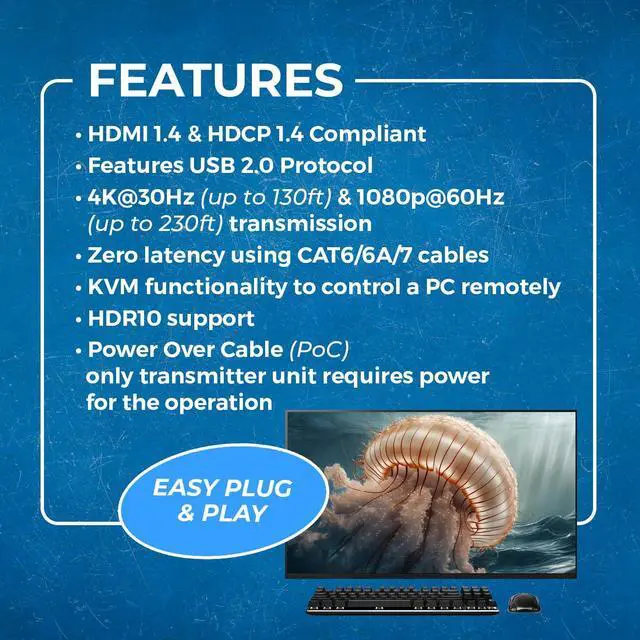 Alt view image 6 of 7 - OREI KVM 4K HDMI Extender Balun Over Single CAT6/7 Ethernet Cable 4K,30Hz Upto 130 Feet - 2 USB 1.1 Ports, Supports Keyboard and Mouse