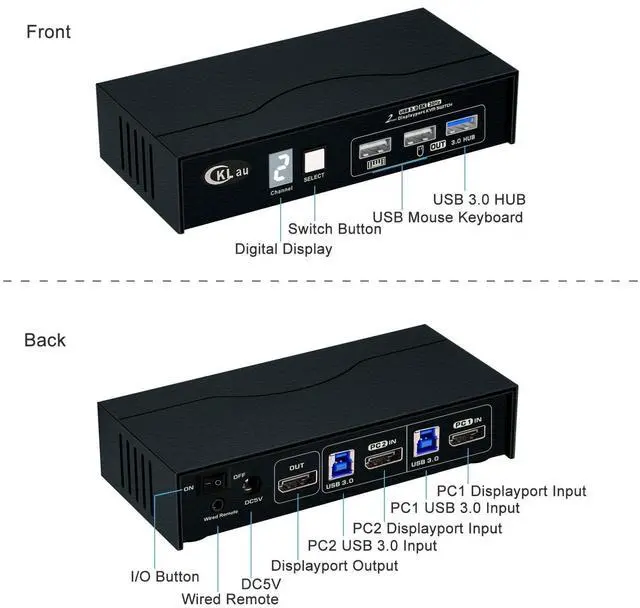 Alt view image 3 of 6 - CKLau 8K60Hz 4K144Hz 2 Port USB 3.0 KVM Switch Displayport 1.4 with All Input Cables, Digital Display for Two Computers Sharing One Monitor
