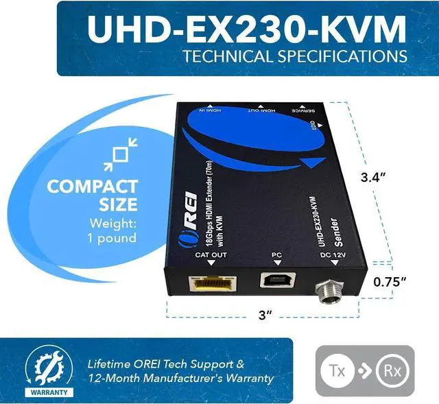 Alt view image 5 of 7 - OREI KVM 4K HDMI Over Ethernet Extender Balun Over CAT6/7 Cable 4K@60Hz Upto 230 Feet - 2 USB 1.1 Ports, Supports Keyboard and Mouse USB HDMI Loop Out, Power Over Cable