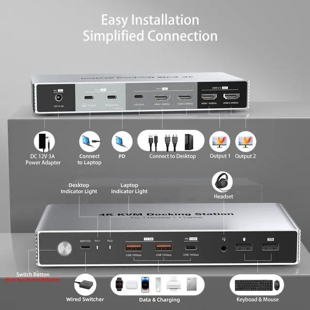 Alt view image 3 of 7 - Dual Monitor KVM Switch Docking Station 4K@60Hz for 2 Computers 2 Monitors, PC Keyboard Video Mouse Switch Selector Dock with USB C 7.5W and 15W PD Charging