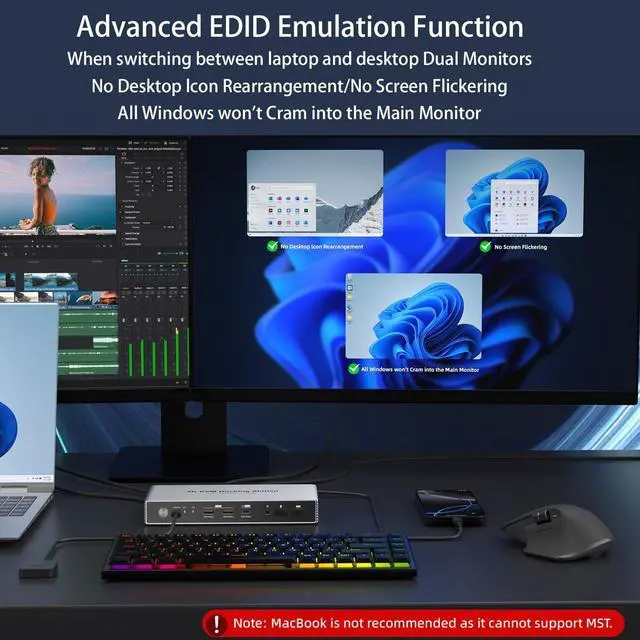 Alt view image 5 of 7 - Dual Monitor KVM Switch Docking Station 4K@60Hz for 2 Computers 2 Monitors, PC Keyboard Video Mouse Switch Selector Dock with USB C 7.5W and 15W PD Charging