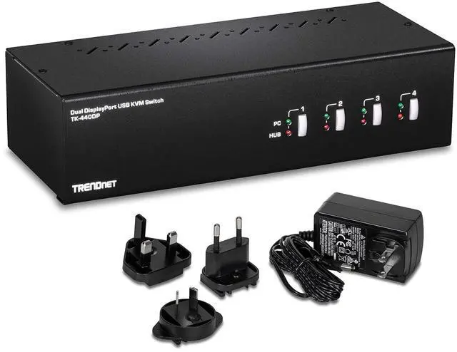 Main image of TRENDnet 4-Port Dual Monitor DisplayPort KVM Switch With Audio, 2-Port USB 2.0 Hub, 4K UHD Resolution Up To 3840 x 2160, Connect 4 DisplayPort Monitors, Dual Monitor 4 Port KVM Switch, Black, TK-440DP