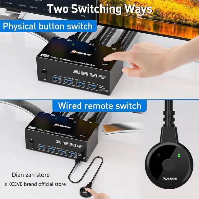 Alt view image 7 of 7 - KVM Switch 3 Monitors 2 Computers, KCEVE USB 3.0 HDMI + DisplayPort 8K@30Hz/4k@144Hz Triple Monitor DP KVM Switcher for 2 Computer Share 3 Display and 4 USB 3.0 Devices, Wired Remote Included