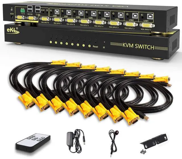 Main image of eKL VGA KVM Auto Switch 8 Port in 2 Out Switcher 8x2 Supports Hotkeys,Audio,Basic Keyboard and Mouse USB 2.0 Devices Sharing 8 Computers