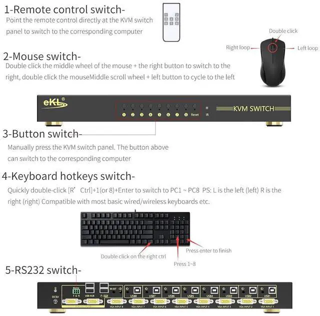 Alt view image 4 of 6 - eKL VGA KVM Auto Switch 8 Port in 2 Out Switcher 8x2 Supports Hotkeys,Audio,Basic Keyboard and Mouse USB 2.0 Devices Sharing 8 Computers