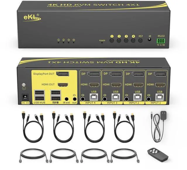 Main image of eKL Dual Monitor HDMI+DisplayPort KVM Switch 4 in 2 Out Extended Display 4K@60Hz 4:4:4 with Audio and USB 2.0 Hub Sharing PC Monitors One Set of Keyboard and Mouse Switcher