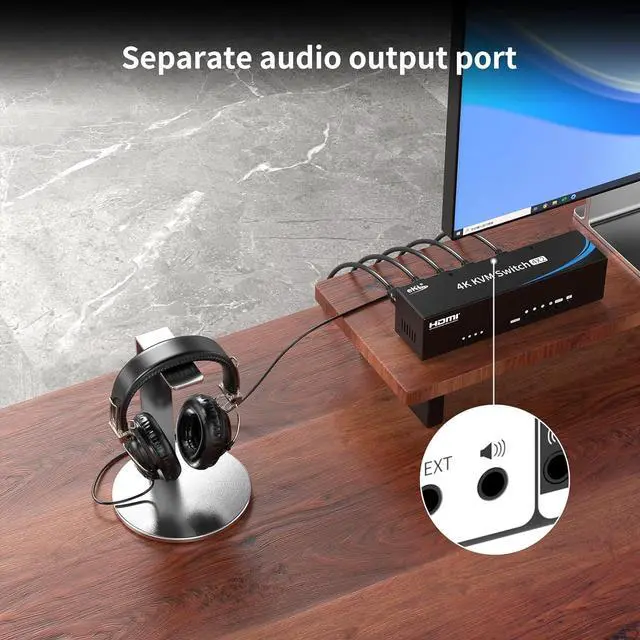 Alt view image 7 of 7 - eKL Real Seamless Switching USB 3.0 HDMI KVM Switch Dual Monitors 4 Computers 4K@30Hz, 4 Port Extended Display, 3.5mm Audio, EDID Emulators, Button, Hotkey, Mouse, RS232 Code Switching