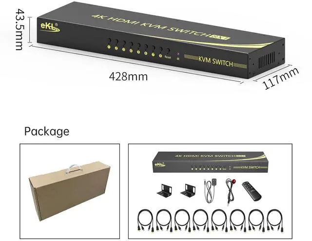 Alt view image 6 of 6 - eKL 8 Port HDMI KVM Switch Supports 3.5mm Audio Extractor 4K@60Hz 4:4:4 Hotkeys Swapping 8 in 1 Out 8 PCs Sharing with One Set of Keyboard and Mouse