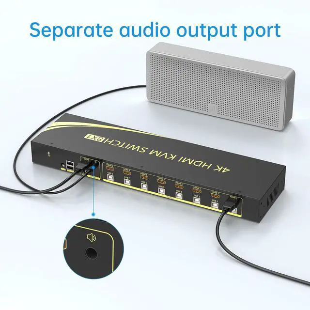 Alt view image 4 of 6 - eKL 8 Port HDMI KVM Switch Supports 3.5mm Audio Extractor 4K@60Hz 4:4:4 Hotkeys Swapping 8 in 1 Out 8 PCs Sharing with One Set of Keyboard and Mouse