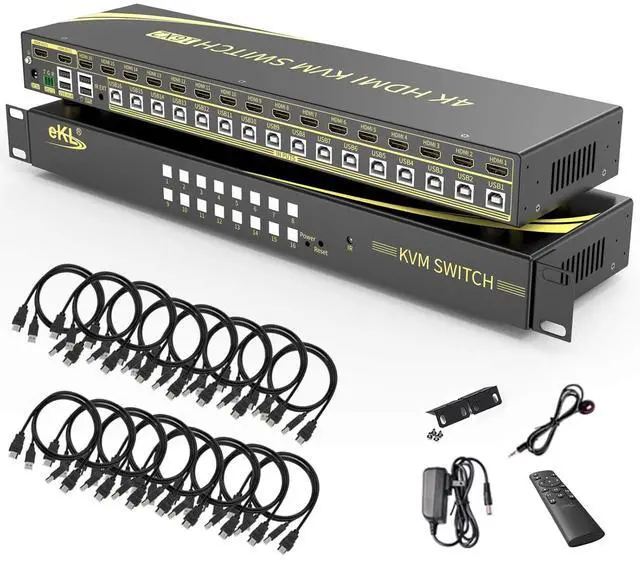 Main image of eKL 16 Port HDMI KVM Switch Supports Hotkeys Switching up to 4K@60Hz 4:4:4 16 PCs Laptops Sharing with One Set of Keyboard and Mouse
