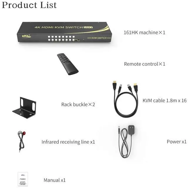 Alt view image 7 of 7 - eKL 16 Port HDMI KVM Switch Supports Hotkeys Switching up to 4K@60Hz 4:4:4 16 PCs Laptops Sharing with One Set of Keyboard and Mouse