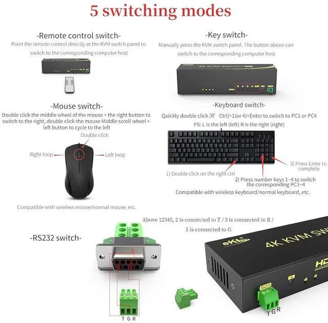 Alt view image 3 of 6 - eKL HDMI KVM Switch 4 in 2 Out Dual Monitor Extended Display 4K@60Hz 4:4:4 with Audio and USB 2.0 Hub Sharing PC Monitor Keyboard Mouse Switcher
