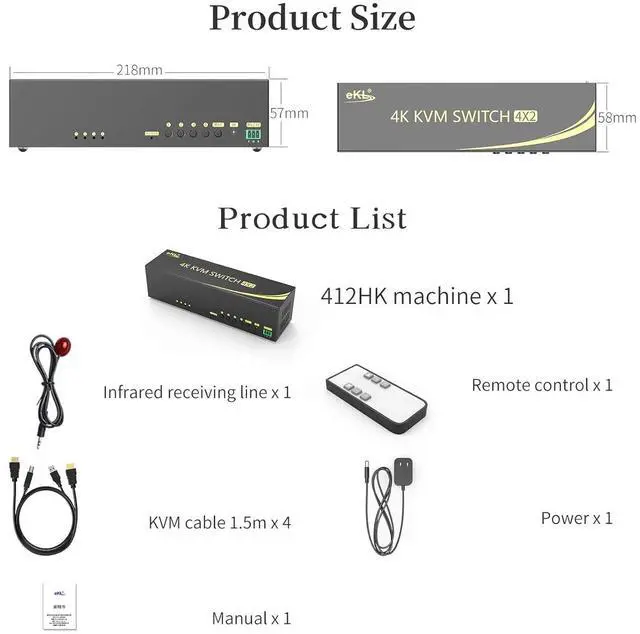 Alt view image 6 of 6 - eKL HDMI KVM Switch 4 in 2 Out Dual Monitor Extended Display 4K@60Hz 4:4:4 with Audio and USB 2.0 Hub Sharing PC Monitor Keyboard Mouse Switcher