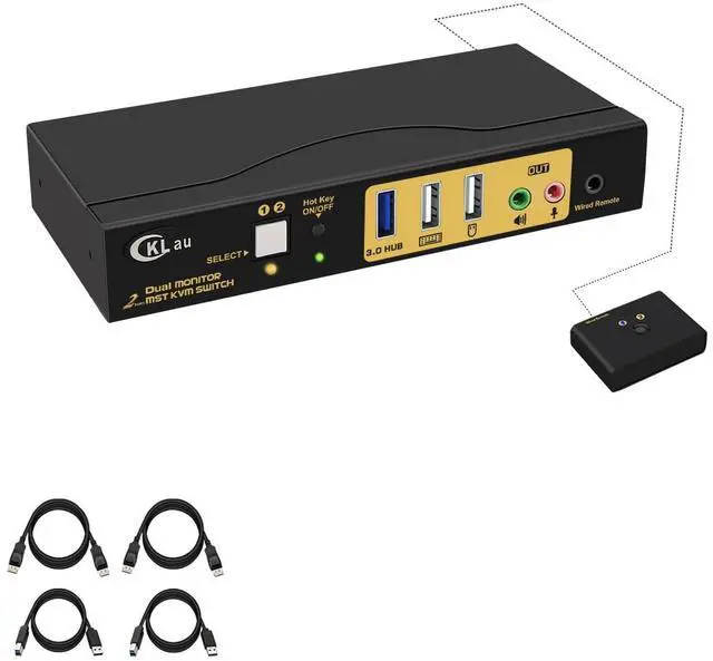 Main image of CKLau MST Dual Monitor KVM Switch Displayport HDMI 4K60Hz 2K@144Hz (1 DP in, DP + HDMI Out) with Audio, Microphone, All Input Cables, USB 3.0 Hub for 2 Computers Supports Keyboard Mouse Switching