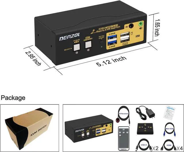 Alt view image 7 of 7 - 2x2 Matrix HDMI KVM Switch Dual Monitor USB 3.0 4K 60Hz, PC Monitor Keyboard Mouse Peripherals Sharing Box with Cables for 2 Computers or Laptops 922HUA-M